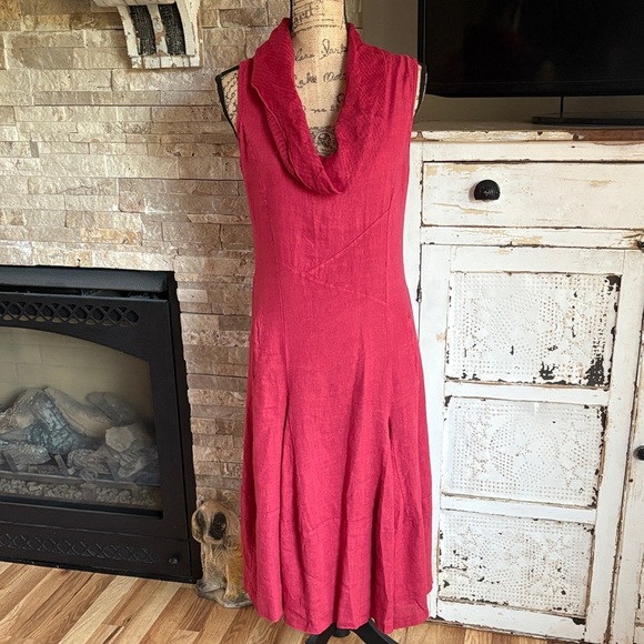 Inizio by portollc red linen blend midi sleeveless dress w cowl neck and pockets - Picture 1 of 16